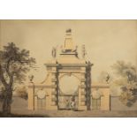 James Malton (1761-1803) Gateway to a Park (Hunting Lodge) Pen, Ink and Wash, 43 x 60cm (17 x