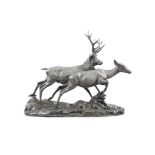 A LARGE SILVER MODEL OF A ROYAL STAG AND DEER Sheffield c.1989, by Camelot Silverware Ltd.
