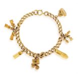 A GOLD CHARM BRACELET, the curb-link bracelet suspending 6 charms, in 9K gold, with security chain,