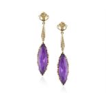 A PAIR OF AMETHYST PENDENT EARRINGS, each elongated marquise-shaped amethyst within multiple