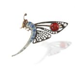 AN ENAMEL, GARNET AND DIAMOND BUTTERFLY BROOCH, designed as the profile of a butterfly,