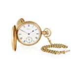 A 9K GOLD POCKET WATCH BY WALTHAM, WITH 9K GOLD ALBERT CHAIN, the white dial with Roman numerals