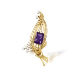 AN AMETHYST AND DIAMOND BROOCH, CIRCA 1950, composed of a large rectangular-cut amethyst set on