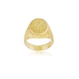 A GOLD SIGNET RING, the oval plaque with initials engraving to a textured gold hoop, in 18K gold,