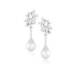 A PAIR OF CULTURED PEARL AND DIAMOND PENDENT EARCLIPS, CIRCA 1960, of foliate design,