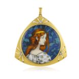 AN ART NOUVEAU ENAMEL AND DIAMOND PENDANT, the circular bombé plaque depicting the profile of a