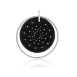 A SILVER PENDANT, BY LALIQUE, designed as a black 'flower of life' plaque with white enamel dots