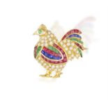 A GEM-SET AND DIAMOND NOVELTY BROOCH, modelled as a stylised rooster set with French and