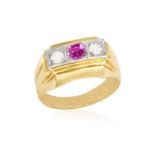 A PINK SAPPHIRE AND DIAMOND THREE-STONE RING, the central rectangular-cut pink sapphire between two