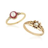 TWO GOLD RINGS, one target ring centring a cultured pearl within a calibré-cut ruby frame,