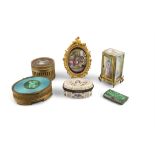A COLLECTION OF FRENCH GILT METAL MOUNTED PORCELAIN AND ENAMEL BOXES ; together with a painted