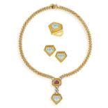 A TOPAZ AND DIAMOND PENDANT NECKLACE WITH EARCLIPS AND RING EN SUITE, the necklace composed of a