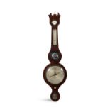 A GEORGE III INLAID MAHOGANY WALL BAROMETER with steel dial, thermometer and clock (finial