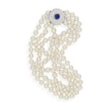 A CULTURED PEARL NECKLACE WITH SAPPHIRE AND DIAMOND CLASP BY WEST, composed of three rows of