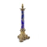 A FRENCH BLUE ENAMEL ORMOLU MOUNTED TABLE LAMP, 19TH CENTURY the cylindrical body overlaid with