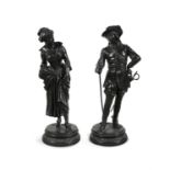 A PAIR OF SPELTER FIGURES MODELLED AS A CAVALIER AND MILKMAID On circular socles 64cm high