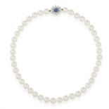 A CULTURED PEARL NECKLACE WITH SAPPHIRE AND DIAMOND CLASP, the single row of white/cream tint