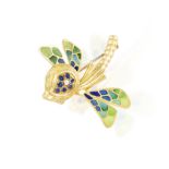 AN ENAMEL, SAPPHIRE AND DIAMOND NOVELTY BROOCH, CIRCA 1965, designed as a whimsical dragonfly,