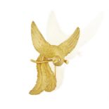 A GOLD AND DIAMOND NOVELTY BROOCH, the stylised textured gold bird perched on its polished gold