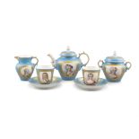 A FRENCH SEVRES PORCELAIN TEA SET comprising a tea pot, sugar bowl and cover, milk jug,