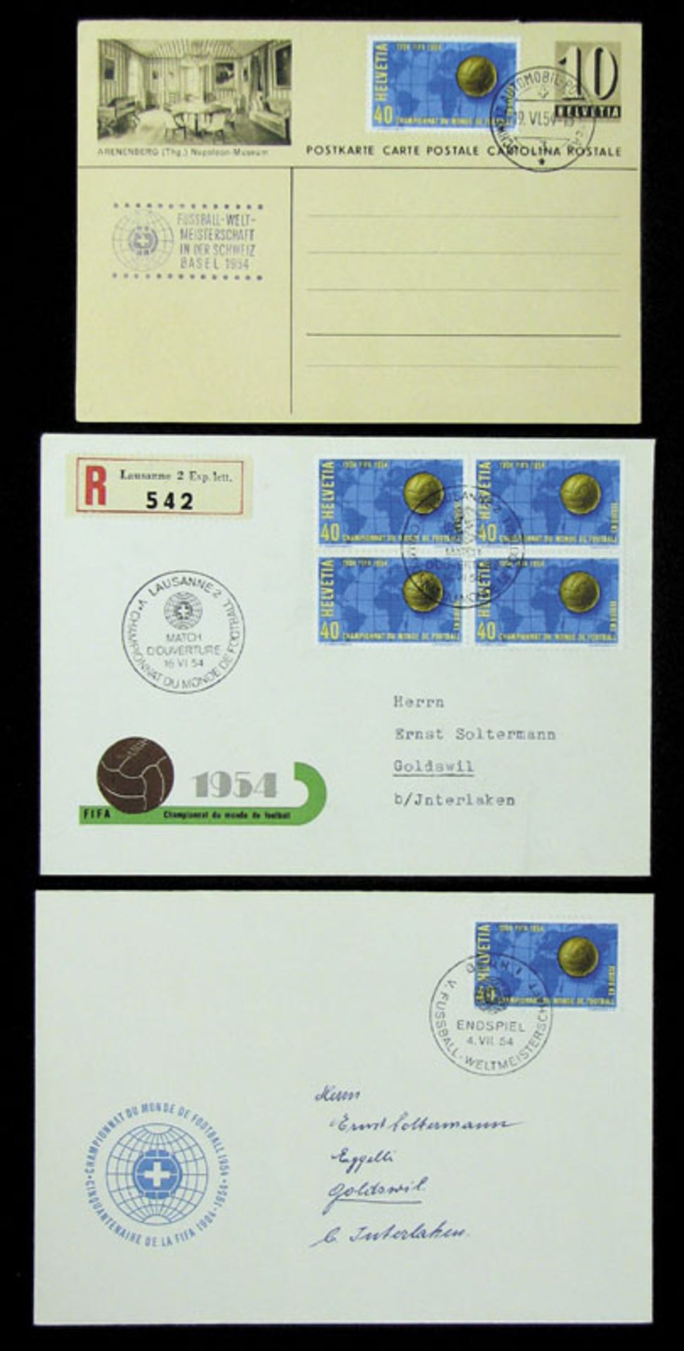 World Cup 1954. 3x Philately documents - 3 philatelic covers of the 1954 Football World Cup. 1) R-le