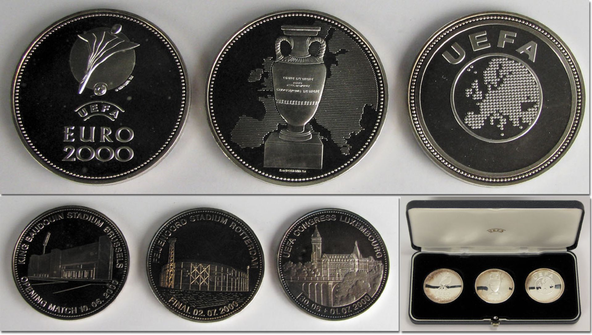 UEFA Euro 2000. 3x Official Silver coins - Three official  UEFA silver coins "UEFA EURO 2000". With 