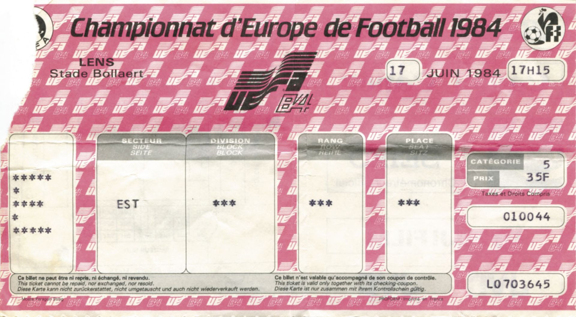 Ticket: UEFA Euro 1984 Germany vs Romania - on June 17th, 1984 in Lens. Size18x10 cm. -- folded, cre