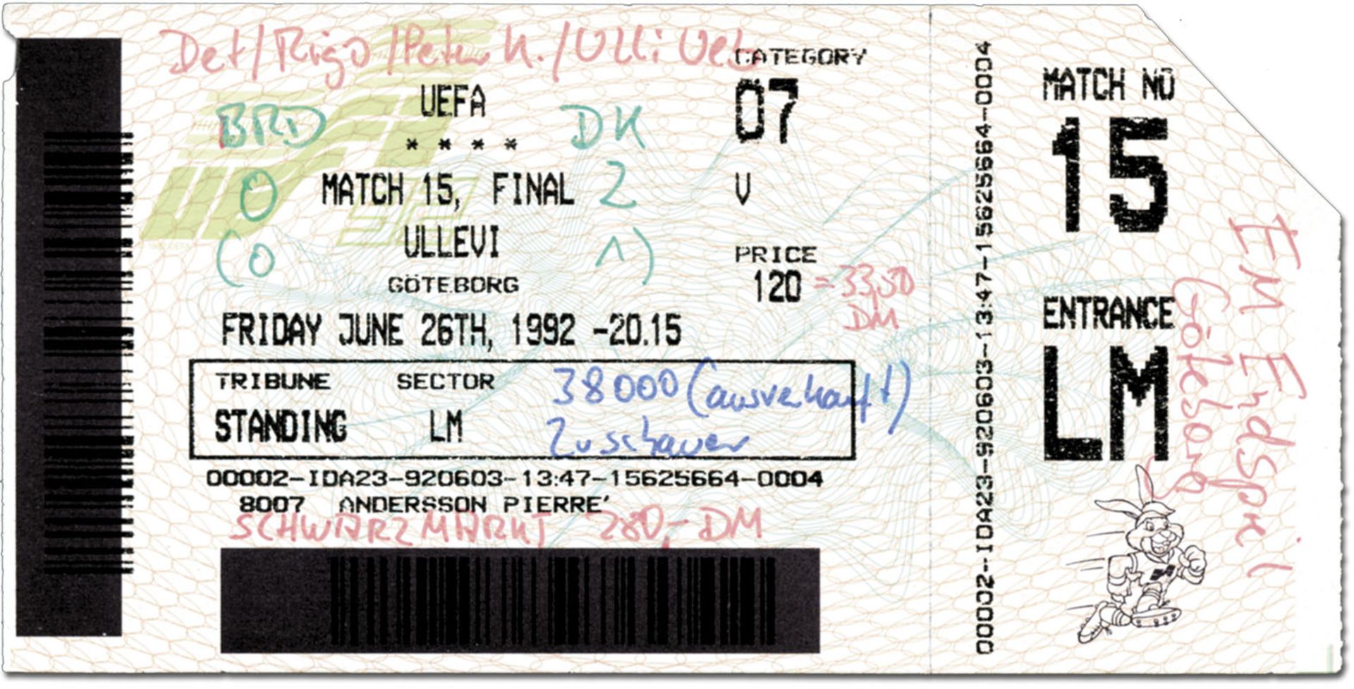 UEFA Euro 1992. Ticket Final Germany vs Denmark - on June 26th in Gothenburg. Size 15x7.5 cm.