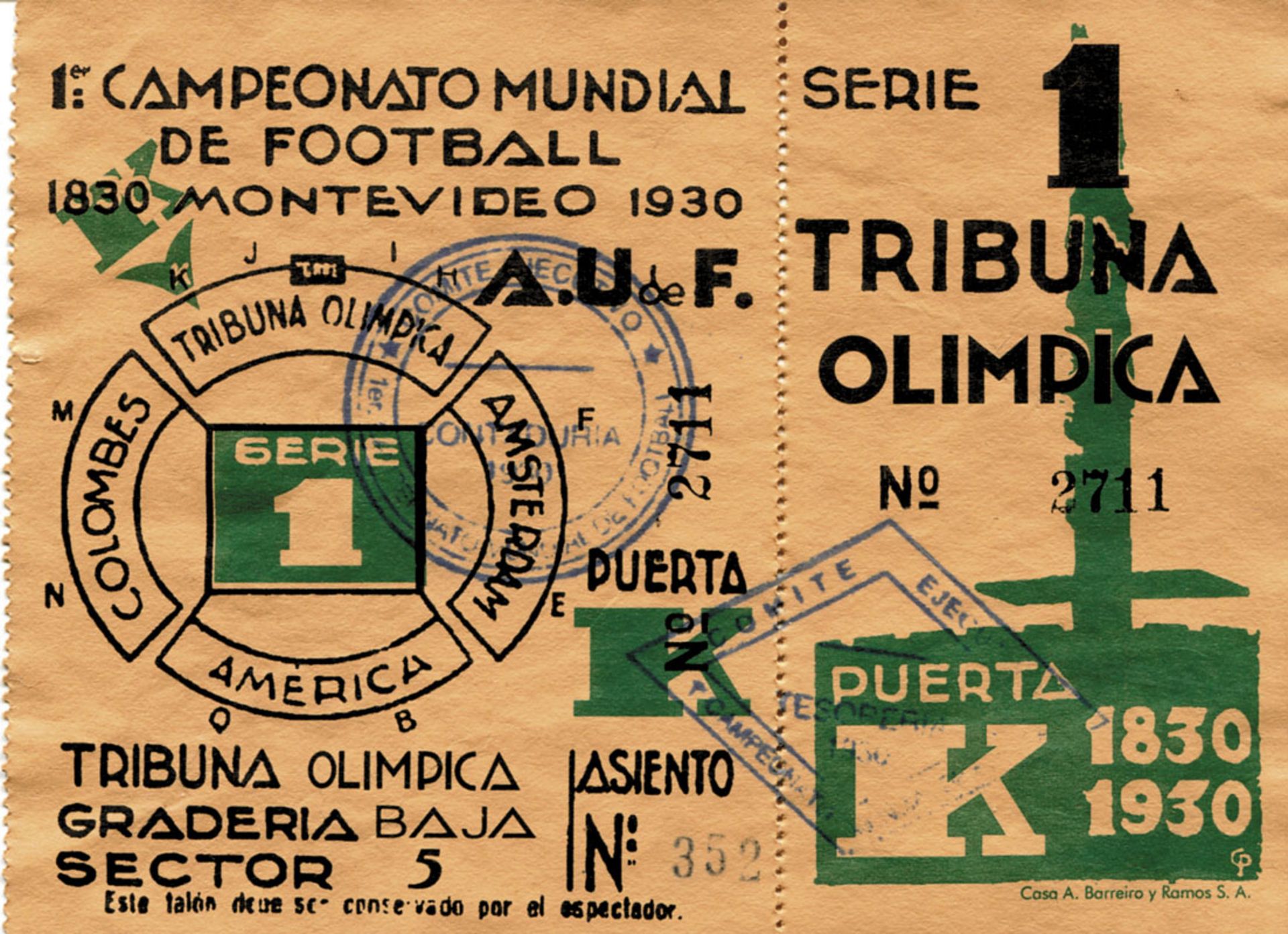 World Cup 1930. Ticket Uruguay v Peru 18th july -  (1-0). "1er Campeonato Mundial Montevideo 1930 Se