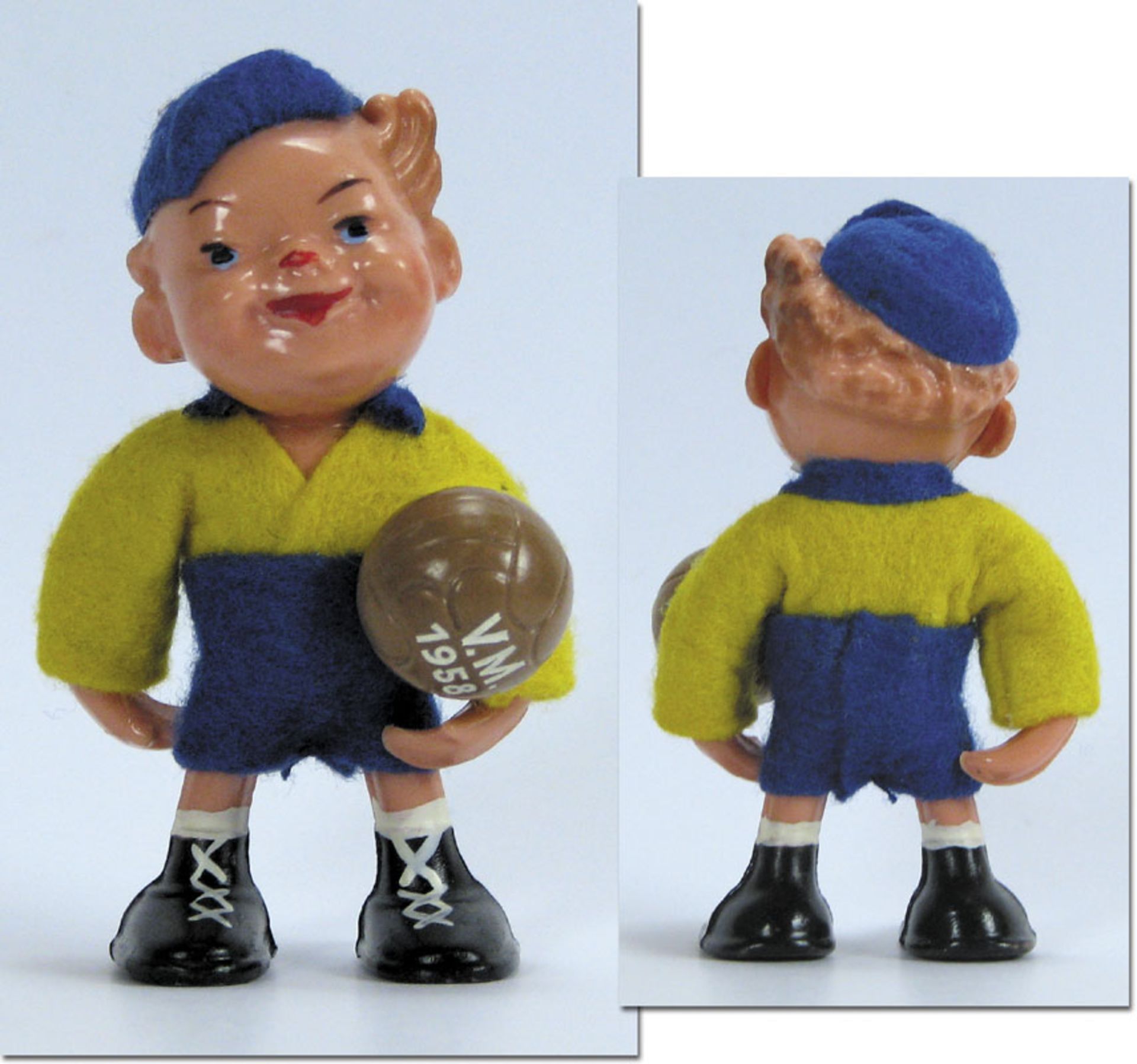 World Cup Sweden 1958. Rare official Mascot - Ball with inscription „VM 1958“ plastic figure with fe