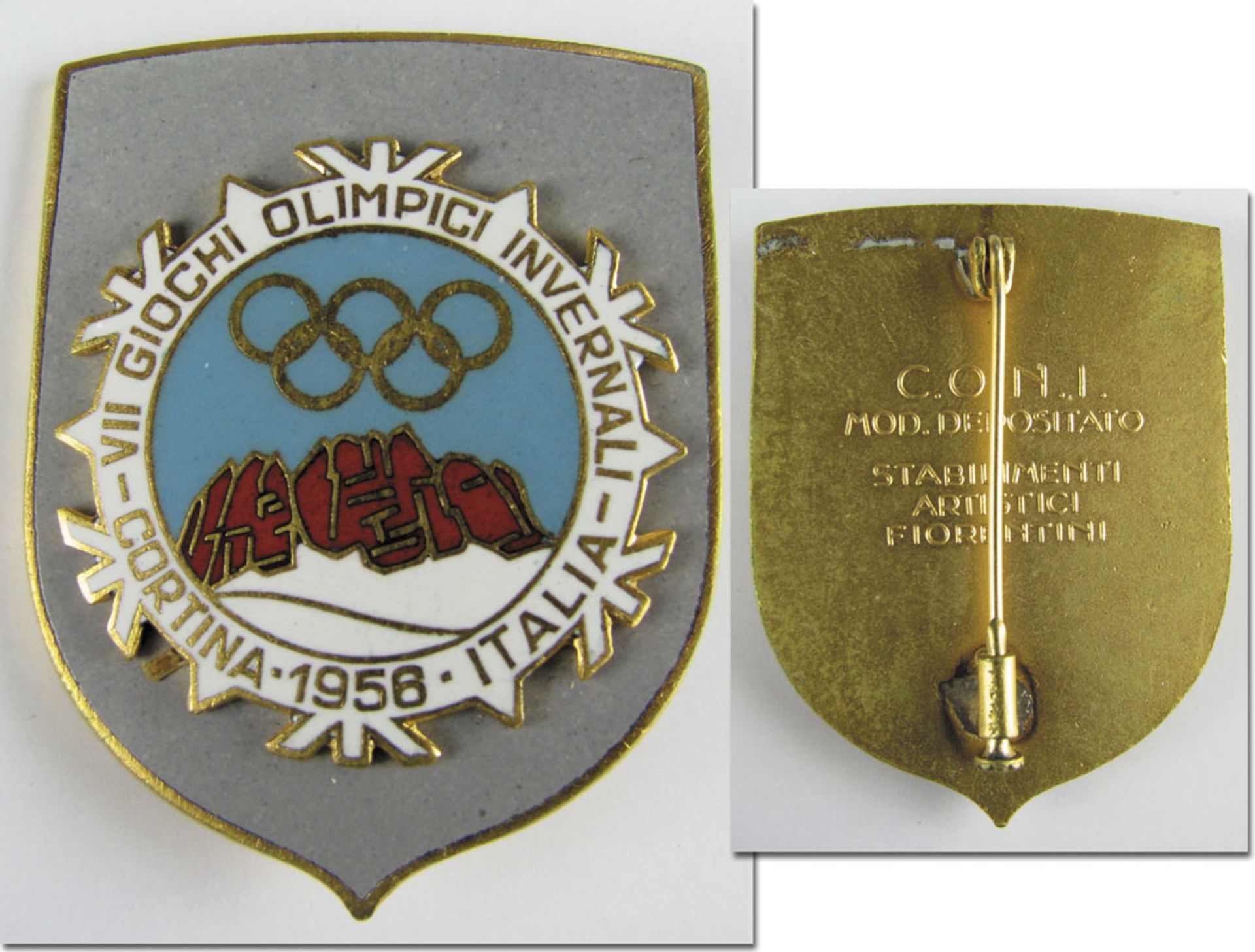 Olympic Games 1956 Cortina Participation badge - Official Olympic participant badge for guests, gild