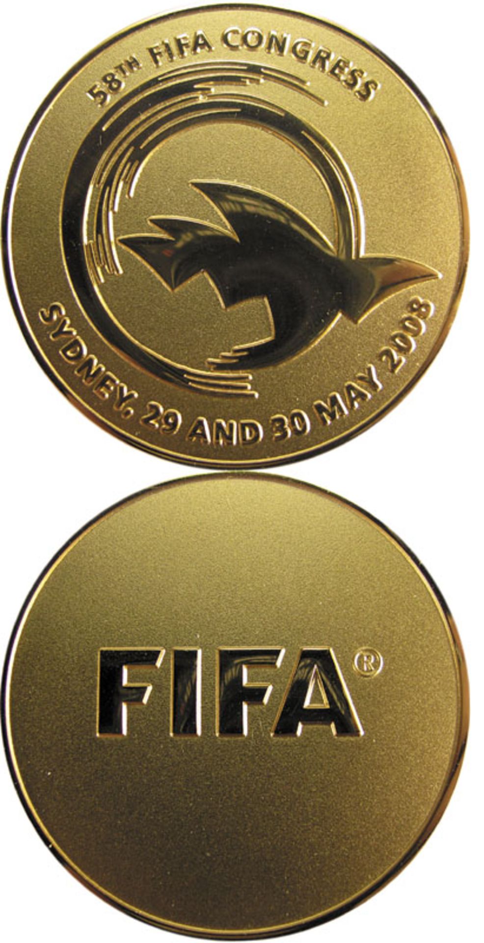 FIFA Congress 2008 Sydney  Participation medal - 58th Congress. Gold plated, size 5 cm. In original 