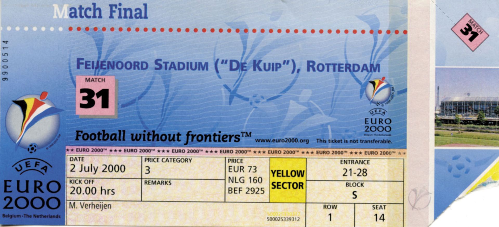 UEFA Euro 2000. Ticket Final France vs Italy - on July 2nd, 2000 in Rotterdam. 2:1 after the Golden 