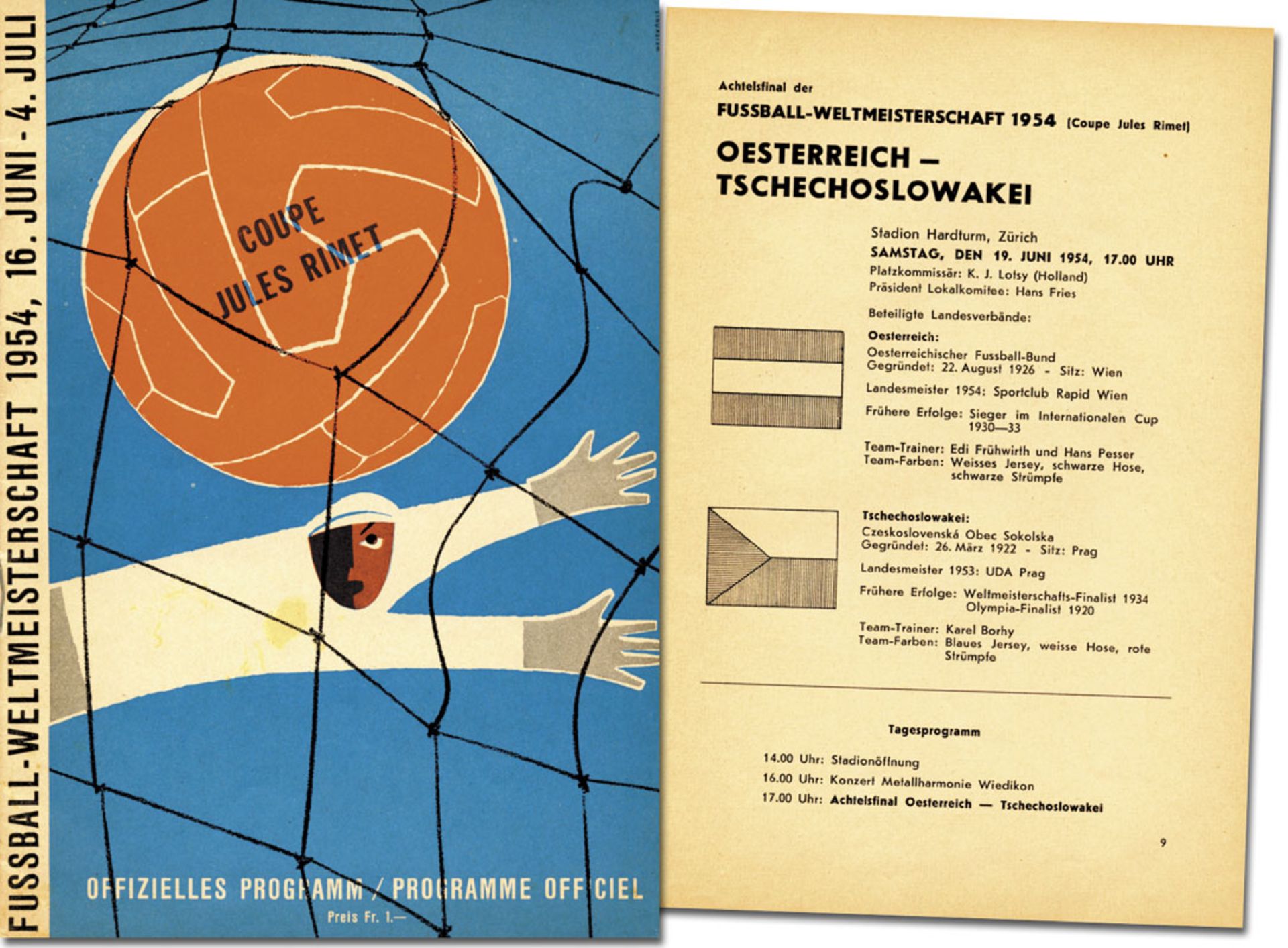 Programme: World Cup 1954.  Austria vs CSSR - Eigth-final Match,  June 19 th. 1954 in Zurich, size 2