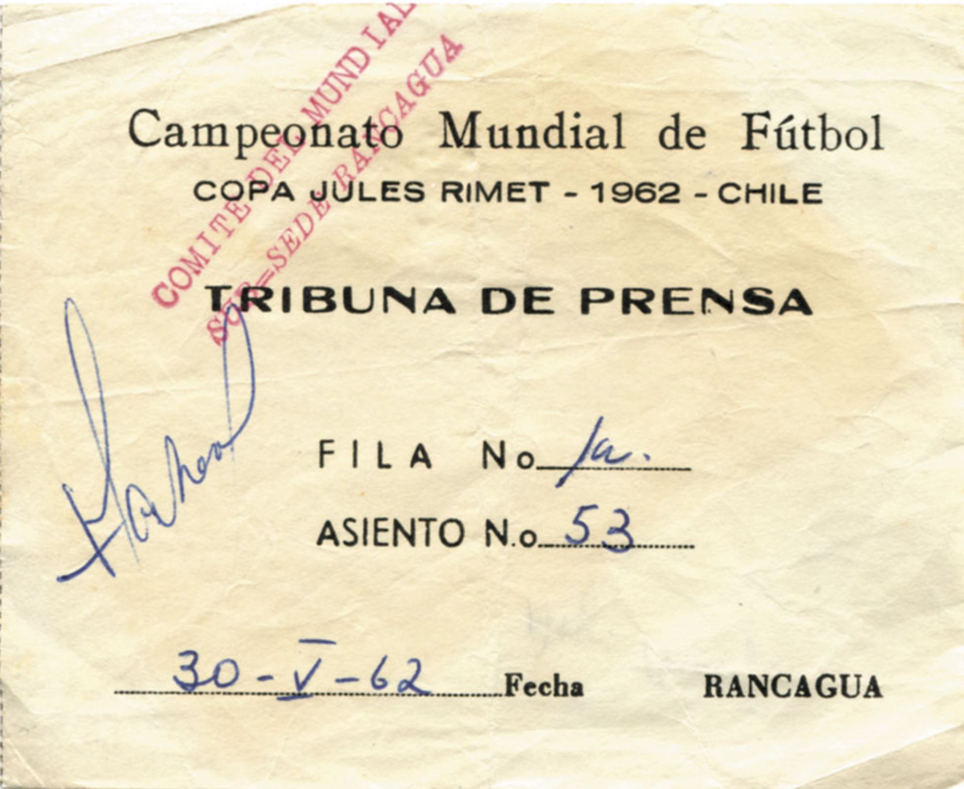 World Cup 1962. Ticket Argentina v Bulgaria Press - Original press ticket for the match Argentina - 