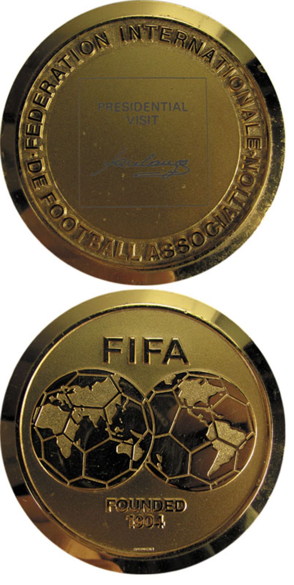 FIFA Medal 1995 Presidental Visit Jose Havelange - „FIFA Presidential Visit. Jose Havelange“, Gilt s