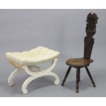A white painted wooden dressing table stool with a padded seat, & on x-shaped end supports joined by