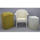 A Lusty’s Lloyd Loom white painted corner linen basket; a similar Lloyd Loom chair; & a yellow