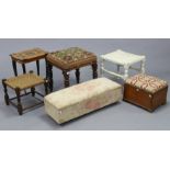 A Victorian beech square stool with a padded seat, & on four turned legs; together with two string-