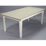 A light grey & white painted pine farmhouse table on four square tapered legs, 74¾” wide x 29½” high