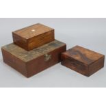 Two Victorian work boxes, & another larger rectangular box with hinged lid.