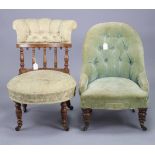 Two late 19th century buttoned-back nursing chairs.