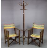 A bentwood hat & coat stand, 72” high; & a pair of beech-frame director’s chairs.