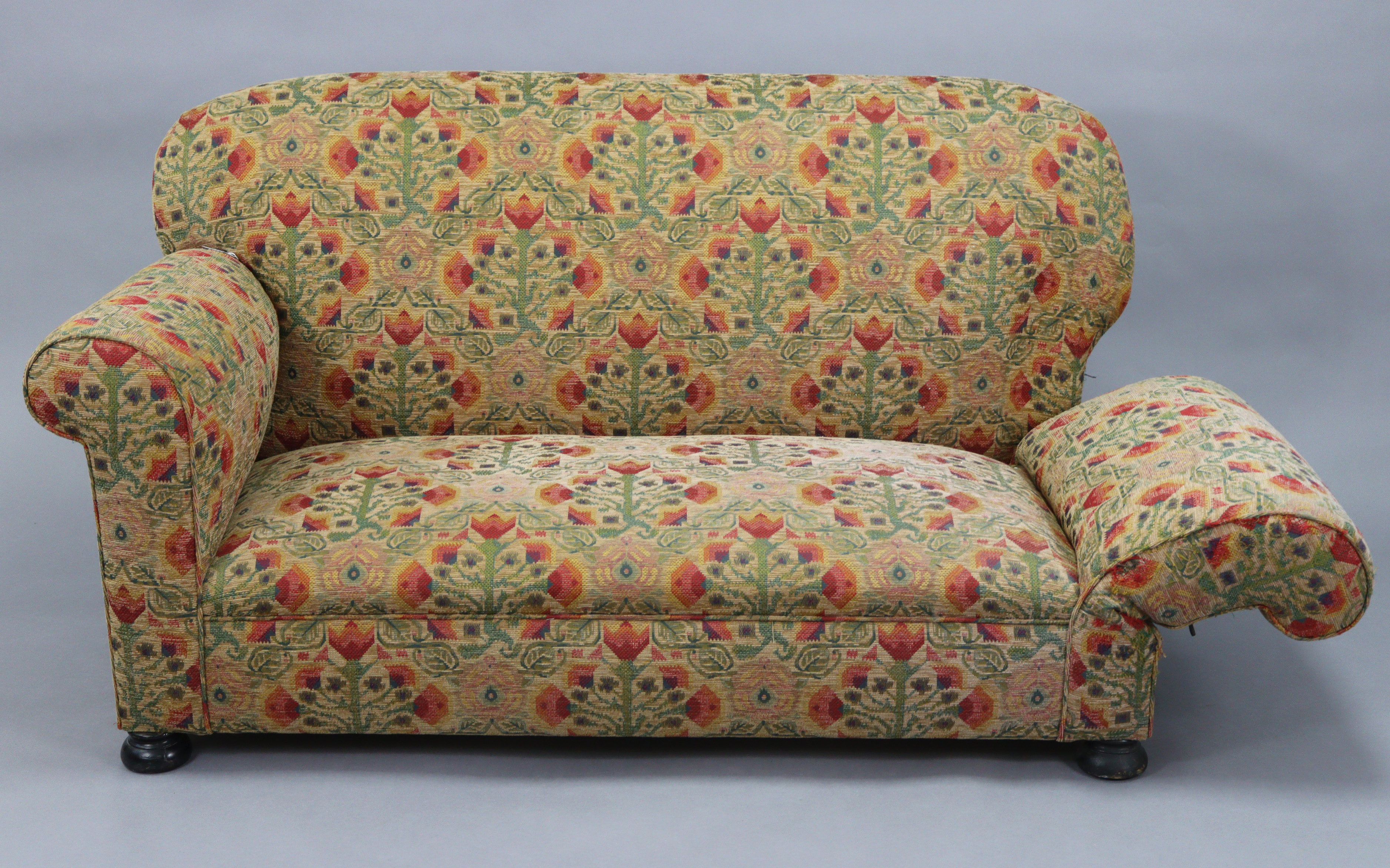 An early 20th century drop-end two-seater settee with rounded back, scroll-arms & sprung seat - Image 3 of 3