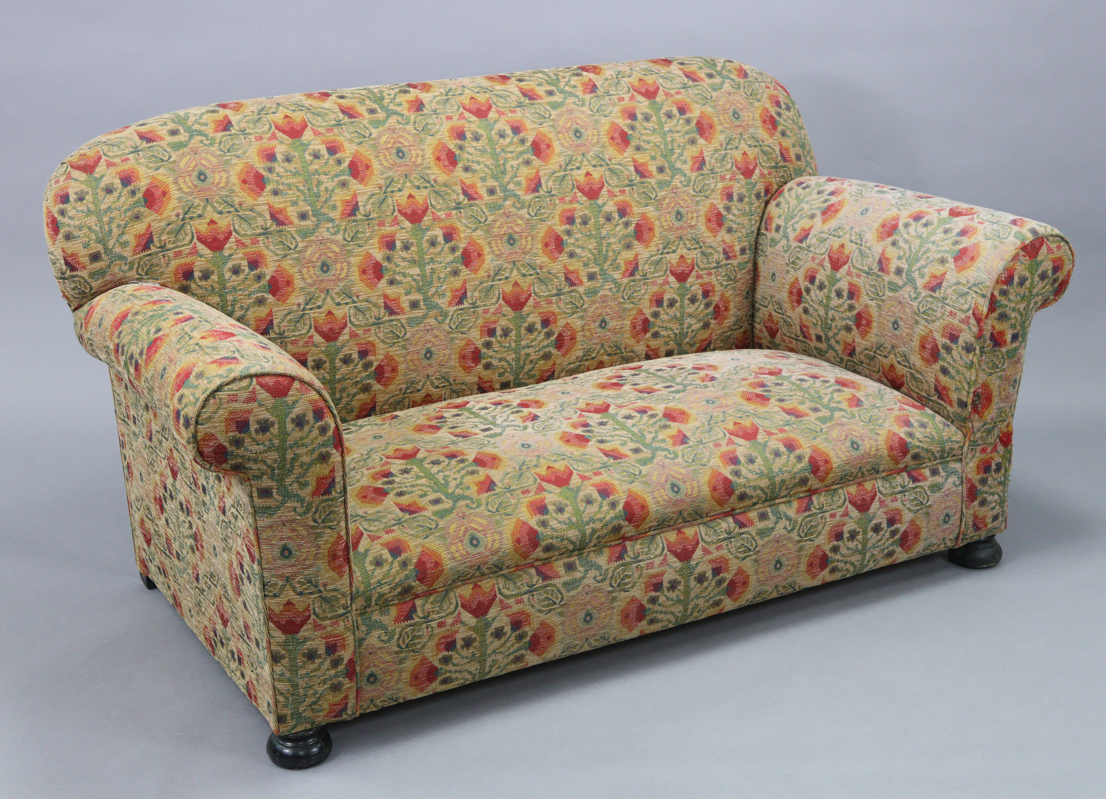 An early 20th century drop-end two-seater settee with rounded back, scroll-arms & sprung seat - Image 2 of 3
