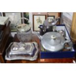 A silver plated rectangular entrée dish; a cut-glass biscuit barrel with plated cover; & various
