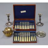 A set of twelve silver-plated fish knives & forks with simulated bone handles, & in a fitted