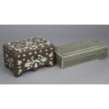 An eastern hardwood trinket box with all-over mother-of-pearl & bone inlaid decoration, & with a