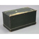 A black painted deal blanket box with a hinged lift-lid, & on a plinth base, 36¾” wide x 18½” high x