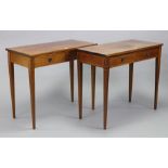 A pair of reproduction inlaid-mahogany side tables by Bryan & Walsh of Dublin each fitted two frieze